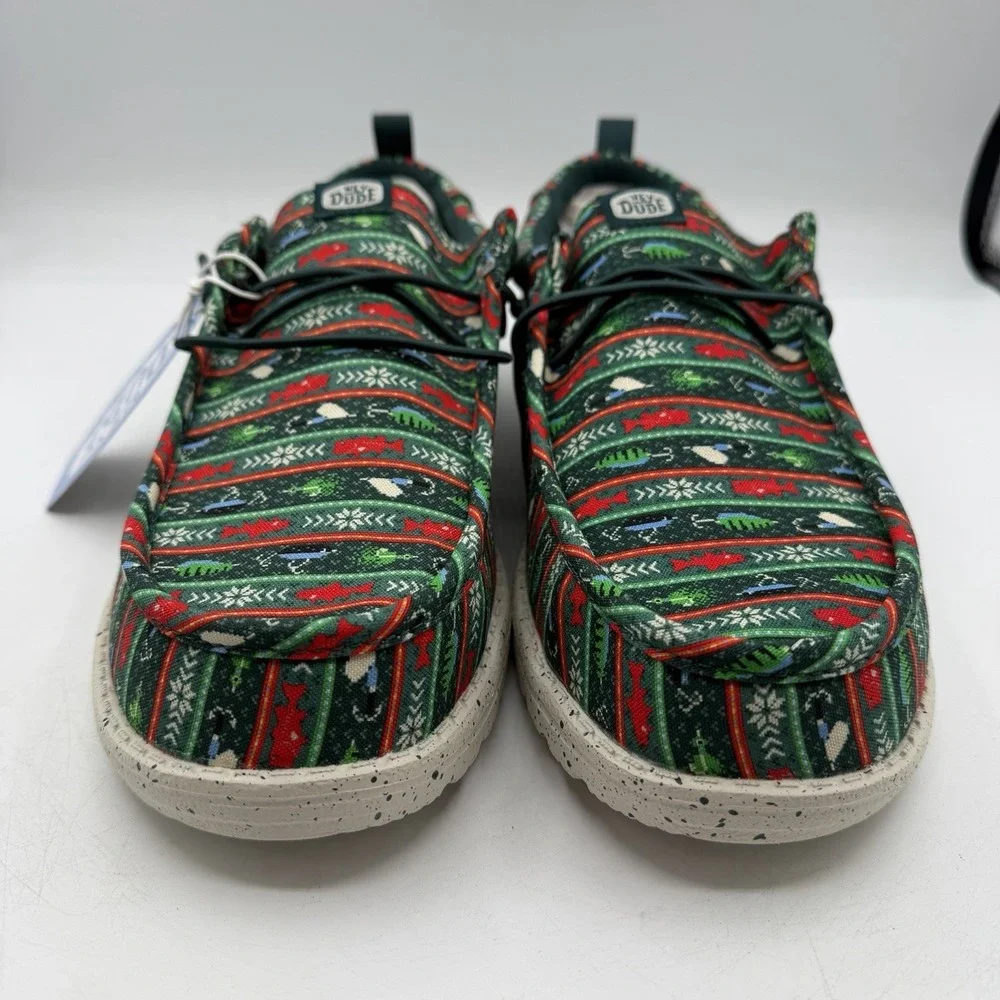 Hey Dude Wally Fishmas Sweater Shoes Mens Sz 10 Pine Green/Red Christmas Slip On